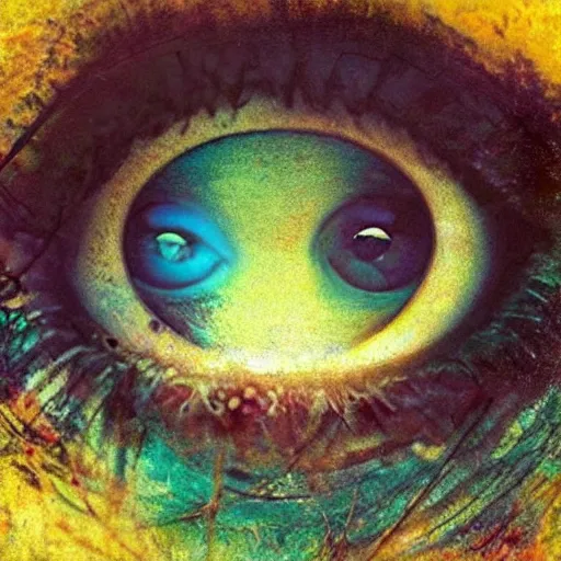 Image similar to A beautiful collage a large eye that is looking directly at the viewer. The eye is composed of a myriad of colors and patterns, and it is surrounded by smaller eyes. The smaller eyes appear to be in a state of hypnosis, and they are looking in different directions. by Norman Cornish, by Brooke Shaden playful