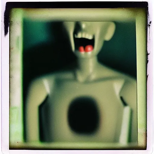 Image similar to a bizzare mannequin with a screaming face in a dark room, abandoned, creepy, eerie, scary, old polaroid, expired film, out or focus,
