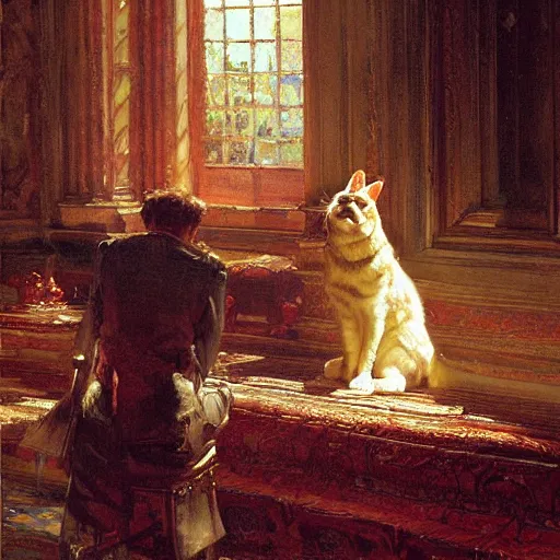 Image similar to detailed portrait of garfield in royal palace, spring light, painting by gaston bussiere, craig mullins, j. c. leyendecker