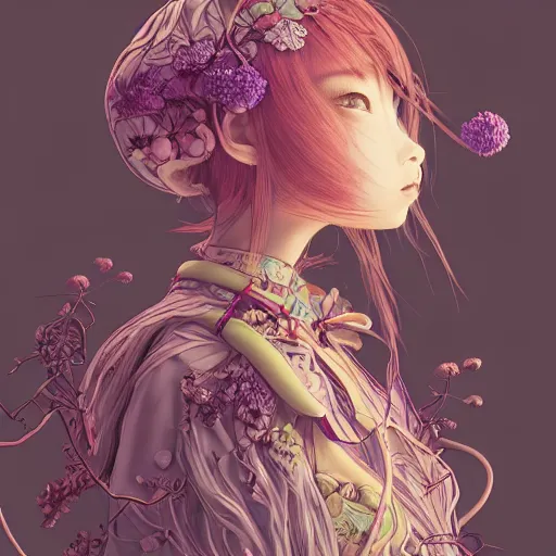 Image similar to the head of an unbelievably elegant and cute japanese girl partially made of potatoes roots and violets, an ultrafine detailed illustration by james jean, final fantasy, intricate linework, bright colors, behance contest winner, vanitas, angular, altermodern, unreal engine 5 highly rendered, global illumination, radiant light, detailed and intricate environment