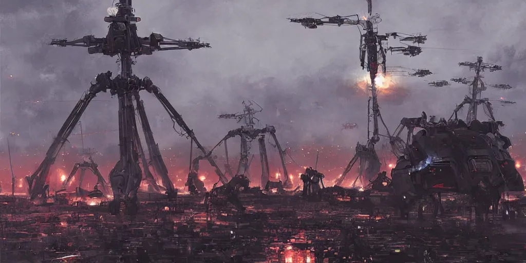 Image similar to tokyo, war of the worlds, giant mech, human soldiers, intense fighting, glowing lights! digital painting, very detailed, art by jakub rozalski