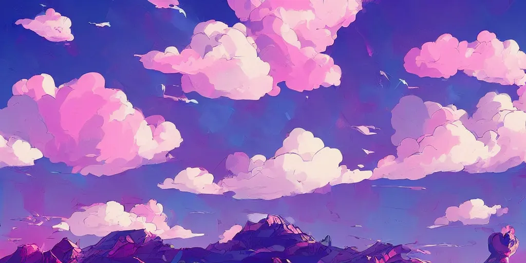 Image similar to clouds in the sky, pink and purple, digital art, blue sky, vivid colors, artgerm, james gilleard, beautiful, highly detailed, intricate, trending on art station