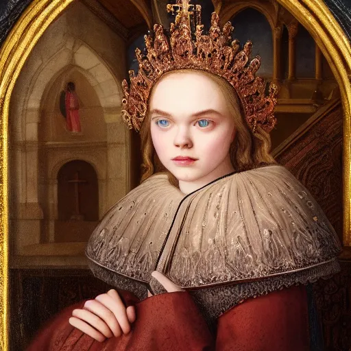 Prompt: portrait of a elle fanning in a church wearing a crown, detailed realism face in painting, detailed beautiful portrait, oil painting masterpiece, 8 k resolution, smooth, sharp focus, trending on artstation, by rembrandt