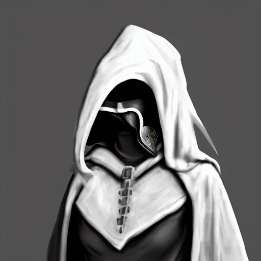 Image similar to female plague doctor donning a black hood, steel knightly armor and a white crow mask, trending on artstation