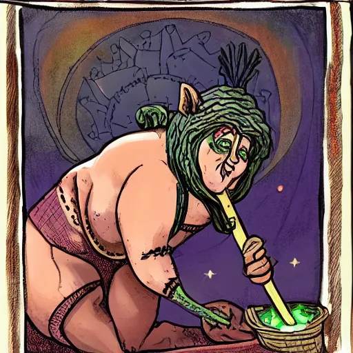 Prompt: a thicc goblin priestess itching her back, holding magical backscratcher stave, back itch, trending, very award - winning, intricate