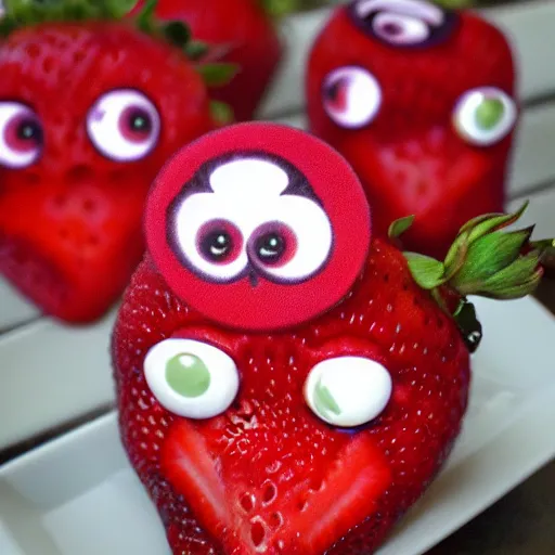 Prompt: strawberry creature with multiple eyes