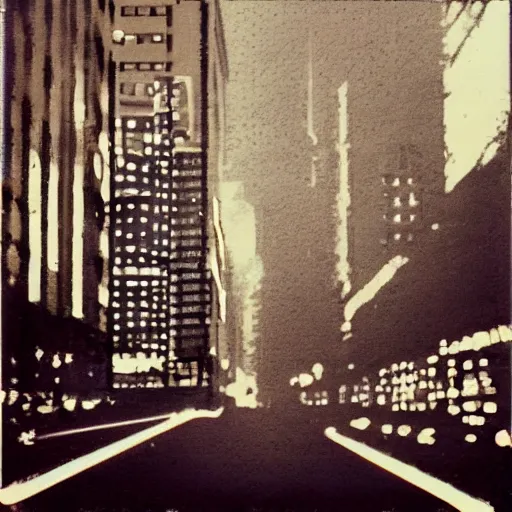 Prompt: polaroid photograph of a city street!! tall buildings!! night! laser lights, in the style of the video blade runner