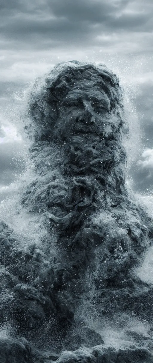Prompt: stone sculpture of poseidon in the ocean, heavy waves, dark clouds, vivid, atmospheric, rainy, realistic, ultra detail, somber, hd, octane render, featured on artstation