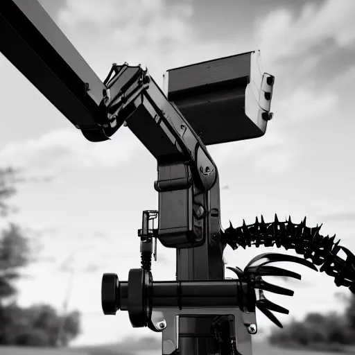 Image similar to close up of gleaming black metal factory servo arm, robotic equipment, decals, black and white, render, hard surface model, burnished metal, reflection, factory, hangar, beautiful, sharp focus, depth of field, ue 4, ue 5, unity hdrp