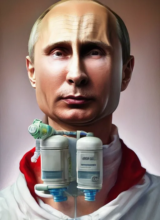 Image similar to a super very hyperrealistic oil painting of ill Vladimir Putin as a patient wearing an oxygen mask on a death bed inhaling from Copium tank that stand near his bed, visible face, by Laurie Greasley, Lawrence Alma-Tadema, Dan Mumford, artstation, deviantart, FAN ART, full of color, Digital painting, face enhance, highly detailed, 8K, octane, golden ratio, cinematic lighting