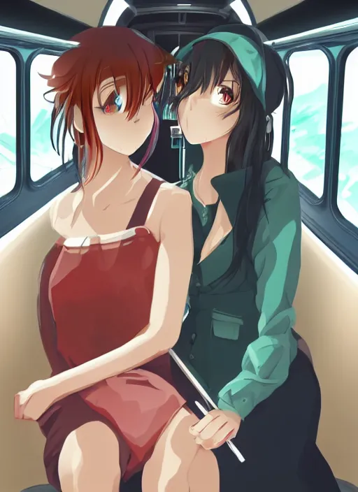 Prompt: two beautiful mothers on the train, lightning glare, summer clothes, gorgeous faces, thick lines, cinematic lighting, detailed anime art