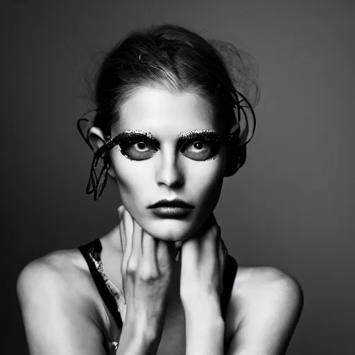 Image similar to a fashion photo of a beautiful model, by ted gibson, jen atkin, tom eerebout, elizabeth saltzman, peter lindbergh, tim walker, symmetry, full face, studio lighting, dlsr, detailed face