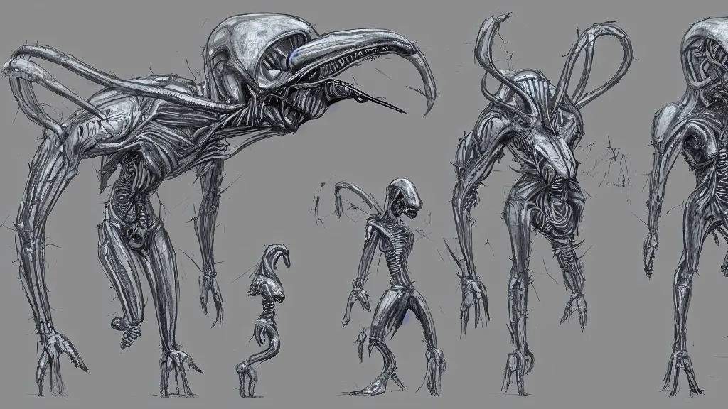 Prompt: video game alien creature concept art blueprint, trending on artstation