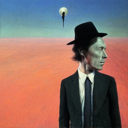 Image similar to a man in black suit, white city, clear blue sky, pink floyd album cover, 1 9 7 0's, by beksinski, bruegel, greg rutkowski, alphonse mucha, and yoshitaka amano, colorful flat surreal design, hd, 8 k, artstation