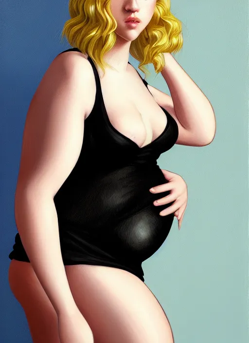 Image similar to full body portrait, teenage lili reinhart, blonde hair, obese, bangs, ponytail, sultry, realistic, sultry smirk, fluffy bangs, curly bangs, fat, belly, intricate, elegant, highly detailed, digital painting, artstation, concept art, smooth, sharp focus, illustration, art by wlop, mars ravelo and greg rutkowski