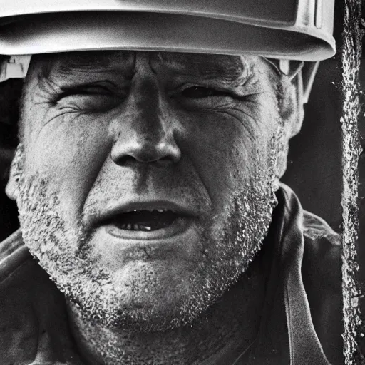 Image similar to Joe Biden as a roughneck oil field worker, high detail, portrait, close up, dirty, hard hat, oil, grit