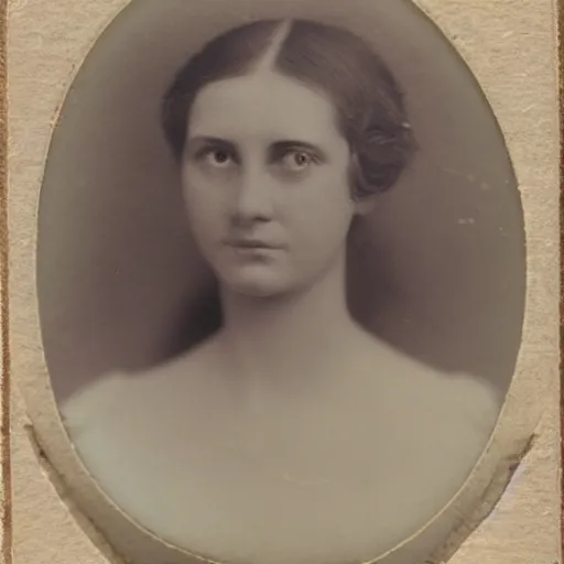 Prompt: antique photograph of a beautiful woman, sad eyes, sad smile, facial symmetry, frontal view, cracked and faded photo paper, staring at the camera, headshot, dark background, 1 8 5 0, low light, dark, 4 k