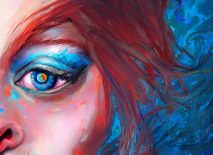 Prompt: A painting of a woman's face with a blue eye, digital art by Android Jones, featured on CGsociety, psychedelic art, Behance HD, Deviantart, Daz3D