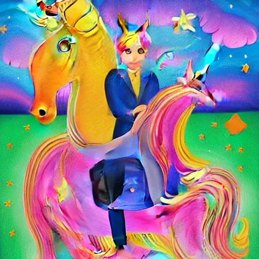 Prompt: a painting of a lawyer riding an unicorn, a storybook illustration by Lisa Frank, featured on behance, magical realism, irridescent, storybook