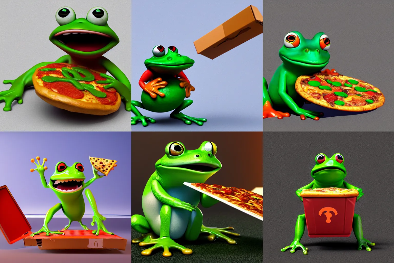 Prompt: 3d Pixar render of a frog delivering pizza, octane, artstation