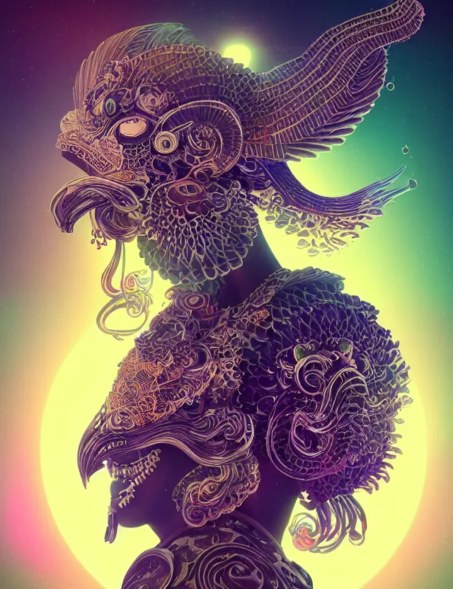 Image similar to 3 d goddess close - up profile solarpunk portrait ram skull. beautiful intricately detailed japanese crow kitsune mask and clasical japanese kimono. betta fish, jellyfish phoenix, bio luminescent, plasma, ice, water, wind, creature, artwork by tooth wu and wlop and beeple and greg rutkowski