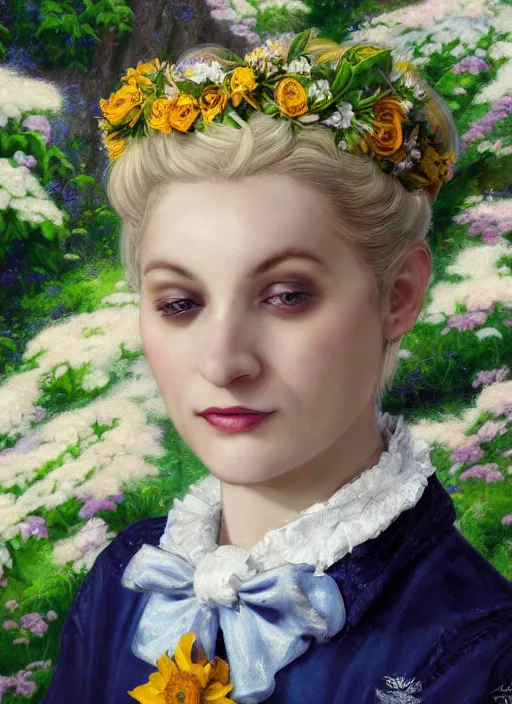 Prompt: close-up portrait of young white witch, with short yellow hairstyle, two pigtails hairstyle, with a cute toad, in the garden, in white messy flower crown of white wild flowers, in formal shirt with Hufflepuff tie, painting in the museum, highly detailed, sharp focus, digital painting, artwork by Kinkade, by Victor Adame Minguez by Yuumei by Tom Lovell by Sandro Botticelli