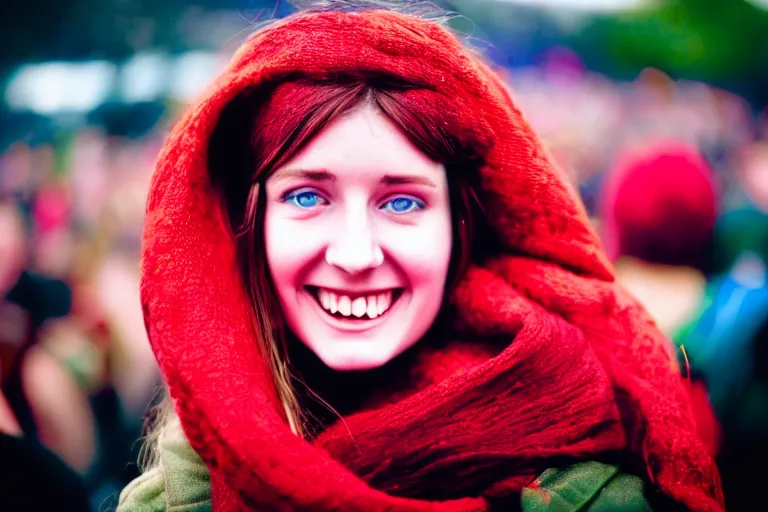 Prompt: a ultra high resolution close - up of a beautiful young irish woman standing in crowd of psytrance music festival, looking down at the camera, face is partially obscured by a red scarf, and she has a smiling expression. the light is dim, and the colours are muted, kodak etkar 1 0 0,