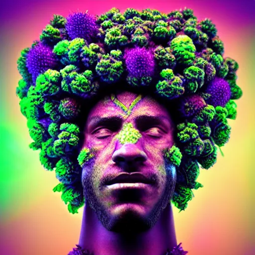Image similar to an african marijuanna shaman with an afro made of flowers, third eye art art by machina infinitum, complexity from simplicity, rendered in octane, mandelbulb 3 d, ambient occlusion, macro photography, felt!!! texture, tribal, neon! retrowave