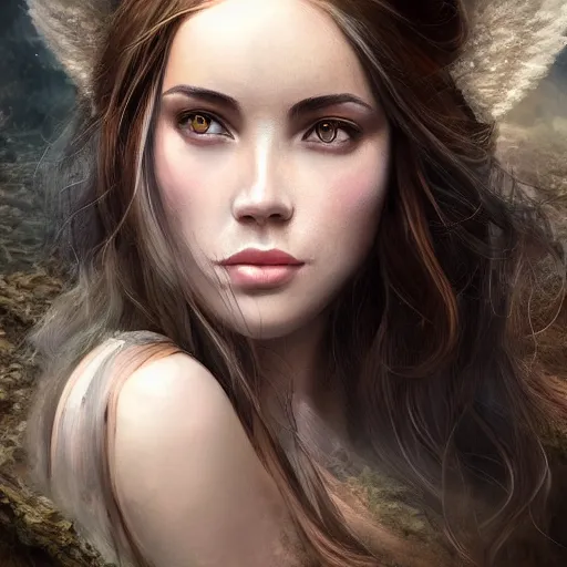 Image similar to centered front face portrait of an attractive young female earth angel, beautiful long brown hair, rocks and stones, intricate, highly detailed, elegant, digital painting, trending on artstation