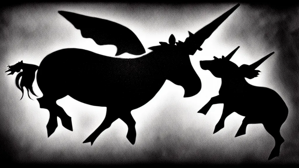 Image similar to flying pig with unicorn horn, derek hess style, black and white, 35mm, 8k