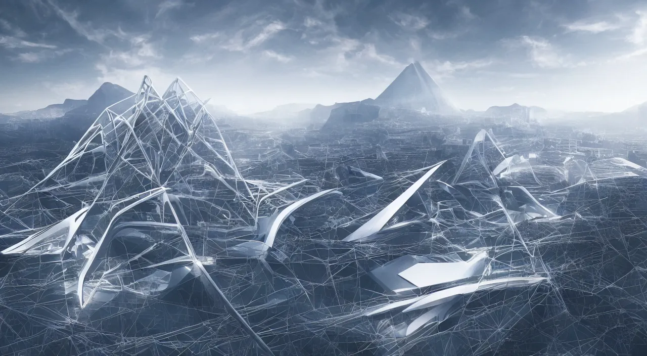 Prompt: zaha hadid, tron, tower structure, clouds megastructure, god rays, neon, cyber mech, axonometric grid, tensegrity, aggregate on the mountain peak