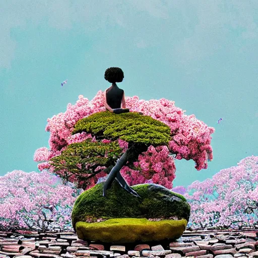 Image similar to A picture of a planet of various flowers, fungus and plants, Bonsai , in which the human figure is dressed in something magical and impressive, inside the picture is infinity, muted light, BotanicalAtmospheric phenomenon, artistic photography, muted colors, conceptual, Kodachrome