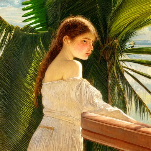 Image similar to a ultradetailed beautiful painting of a girl in the amazonas palace balustrade designed by jules bastien - lepage, tarsila do amaral, frank weston and gustave baumann, beach, trending on artstation, mediterranean, palm trees, hyper detailed face, sharp focus, soft light, 8 k 4 k