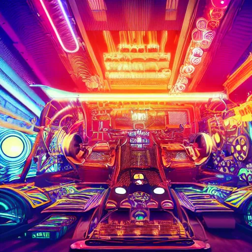 Image similar to album cover, album is called tripmachine, photo of a huge futuristic steampunk machine, made of guitars and drums and pianos, glowing monitors, connected with glowing tubes 8 k, fluorescent colors, halluzinogenic, multicolored, exaggerated detailed, front shot, 3 d render, octane