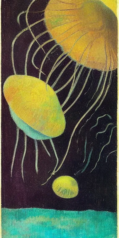 Prompt: black!! jellyfish by paul gauguin, serene, calm, minimalist!!!