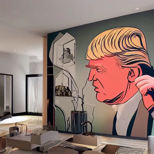 Image similar to mural of Donald Trump on the wall of a modern loft, beautiful architecture, popular interior design style