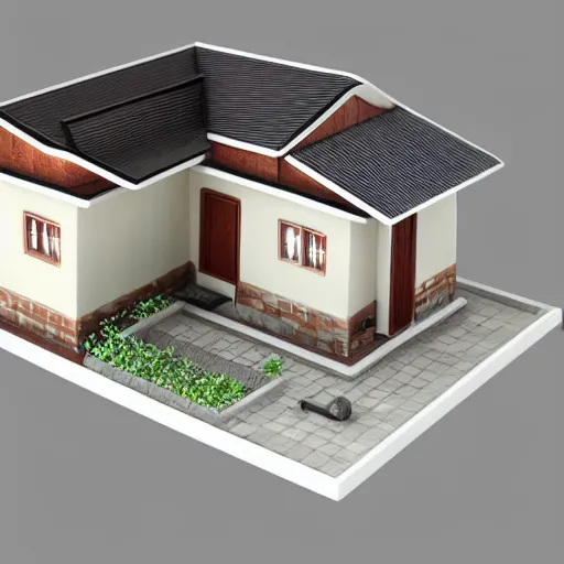 Prompt: small cute assam type house, 1 0 0 mm, 3 d render, isometric, diorama, white background