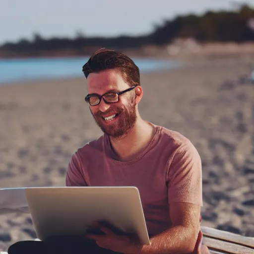 Image similar to photo of happy man working on laptop at beach, perfect face, fine details, 4 k, bokeh