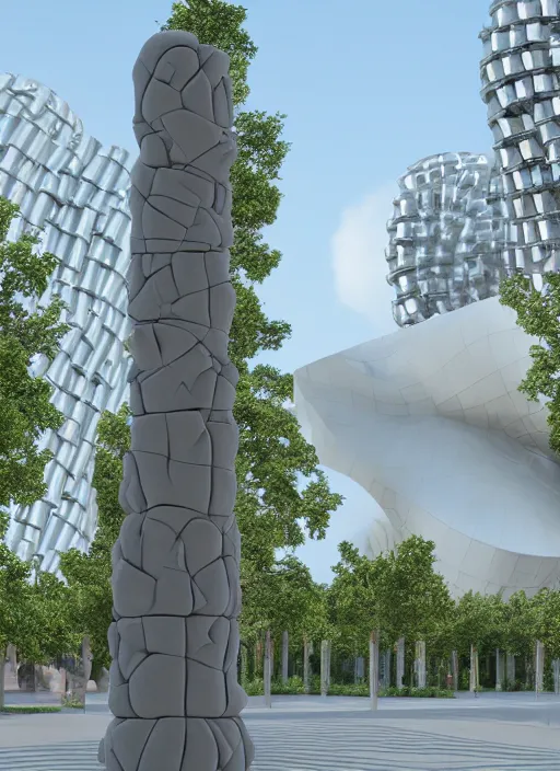 Prompt: highly detailed realistic architecture 3 d render of a futurisctic stele column monument made from spheres in frank gehry style standing in a city park, archdaily, made in unreal engine 4 octane render