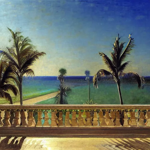 Image similar to a ultradetailed beautiful painting of the amazonas palace balustrade designed by jules bastien - lepage, hans belmer, frank weston and gustave baumann, beach, trending on artstation, mediterranean, palm trees, refracted color sparkles, sharp focus, soft light, 8 k 4 k