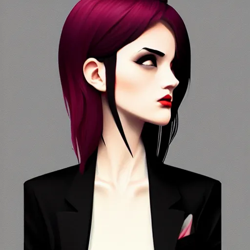 Image similar to young professional killer female in black tuxedo, stained with blood, muted colors, matte print, pastel colors, 2d, ultra highly detailed, smooth, sharp focus, digital art, digital painting, fan art, elegant, artstation, head is centered, by Ilya Kuvshinov