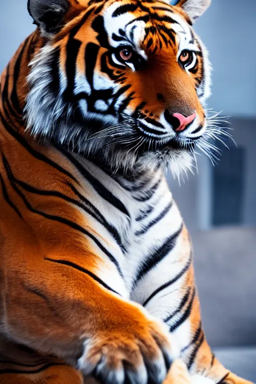 Image similar to high quality portrait photo of a tiger dressed in a dark business suit and tie, Anthropomorphic, photography 4k, f1.8 bokeh, 4k, 85mm lens