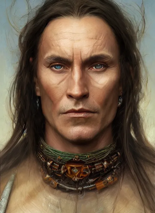 Image similar to a shaman in his late twenties with long light brown hair tied back, a large forehead, a widows peak and a round face with high cheekbones as a realistic d & d fantasy character, portrait art by donato giancola and greg rutkowski, vintage retro, realistic face, digital art, trending on artstation