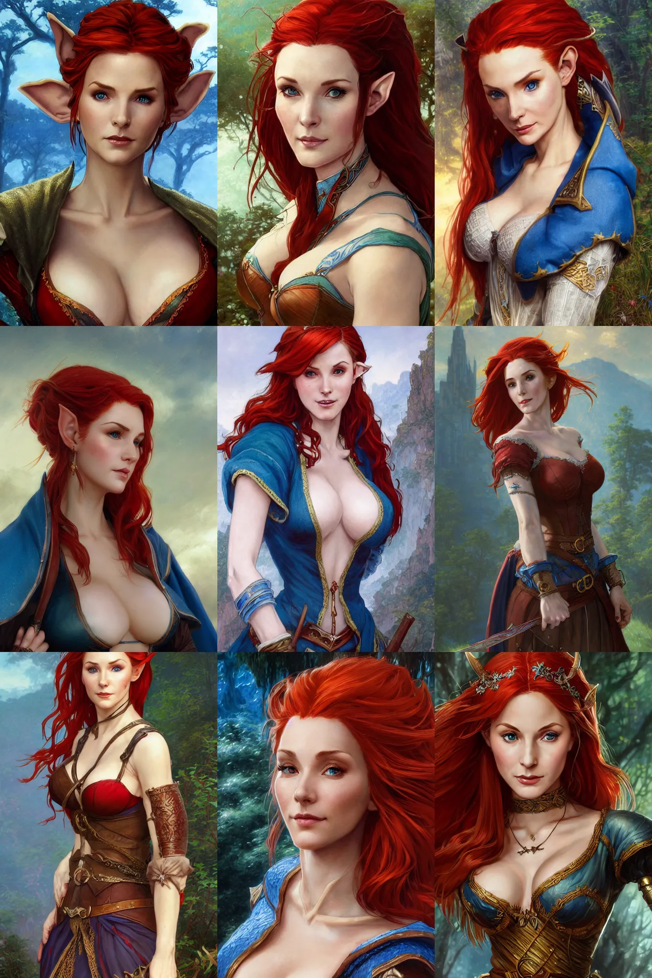 Prompt: highly - detailed closeup matte painting portrait of beautiful elf ( triss from witcher 3 ) red hair wearing chesty fantasy outfit and a blue cloak, very detailed, realistic, manga, by stanley artgerm lau, greg rutkowski, thomas kindkade, alphonse mucha, loish, norman rockwell j.