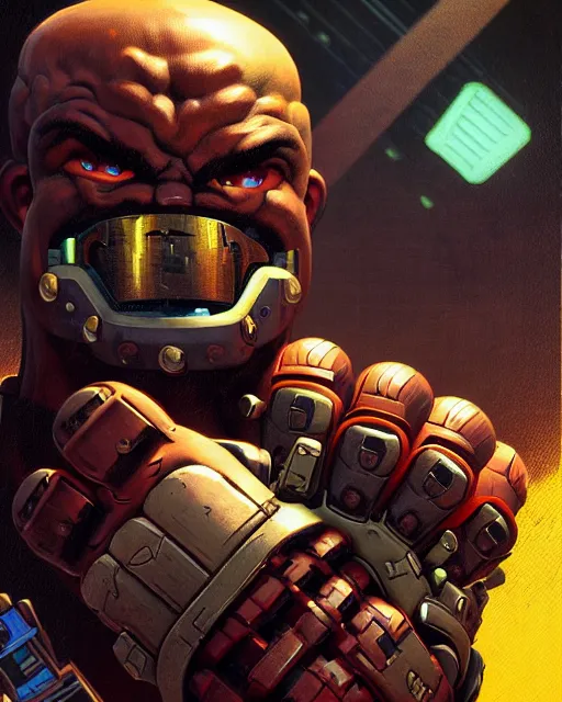 Image similar to doomfist from overwatch, aggressive expression, character portrait, portrait, close up, concept art, intricate details, highly detailed, vintage sci - fi poster, retro future, in the style of chris foss, rodger dean, moebius, michael whelan, and gustave dore