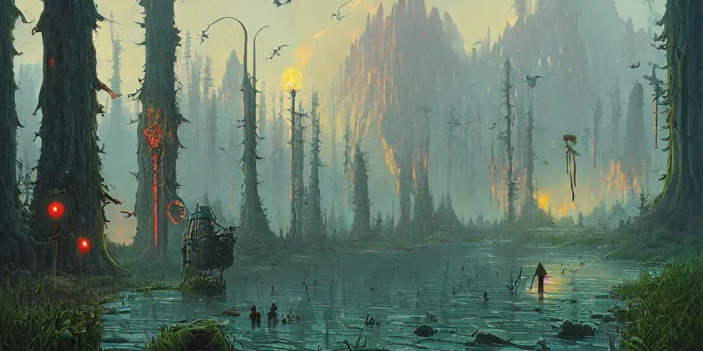 Prompt: A fantasy painting of a beautiful fantasy environment by michael whelan and simon stålenhag