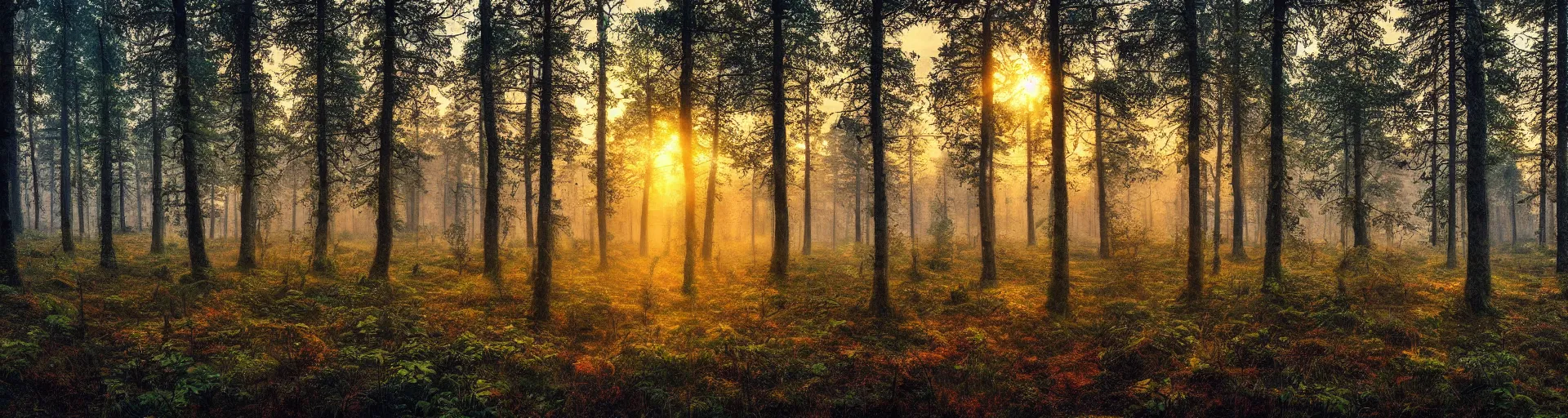 Prompt: beautiful rainy forest landscape of sweden with a majestic sunrise, art, high detail, high definition, photorealistic, hdr,