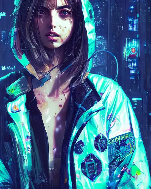 Image similar to detailed ana de armas portrait Neon Operator Girl, cyberpunk futuristic neon, reflective puffy coat, decorated with traditional Japanese ornaments by Ismail inceoglu dragan bibin hans thoma greg rutkowski Alexandros Pyromallis Nekro Rene Maritte Illustrated, Perfect face, fine details, realistic shaded, fine-face, pretty face