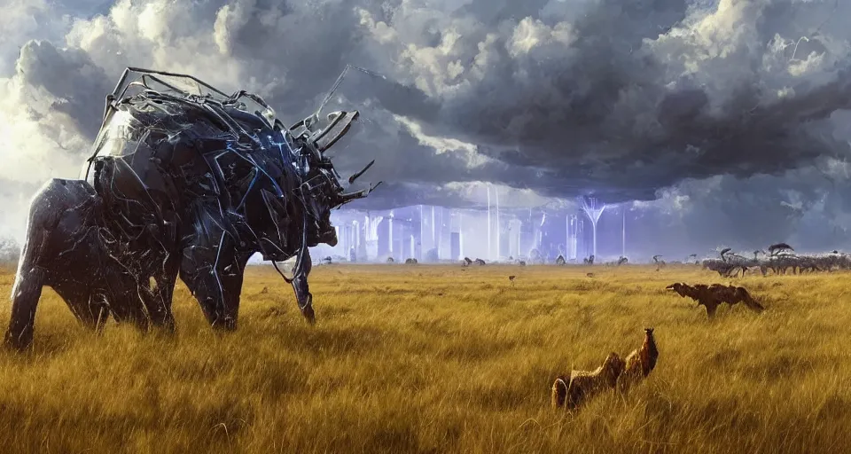 Prompt: distant cyberpunk wildlife herds on the african plains, long grass, sparkling water, glistening, dramatic clouds, rain, extreme weather, hyper realistic, hyper detailed, digital art, trending in artstation, cinematic lighting, vibrant, studio quality, smooth render, unreal engine 5 rendered, octane rendered, by jesper ejsing, wlop, paul lehr