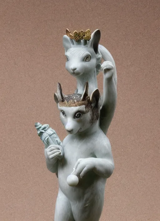 Prompt: A marble statue of a squirrel holding an acorn in the style of Statue of Liberty